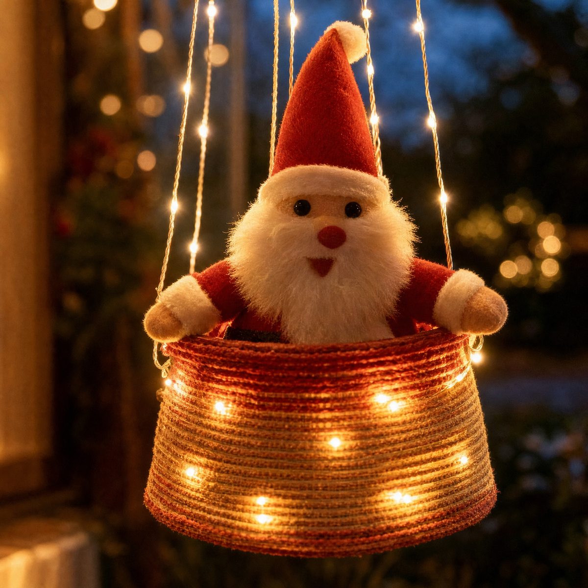 Close-up of the lit basket with the plush Santa sitting inside